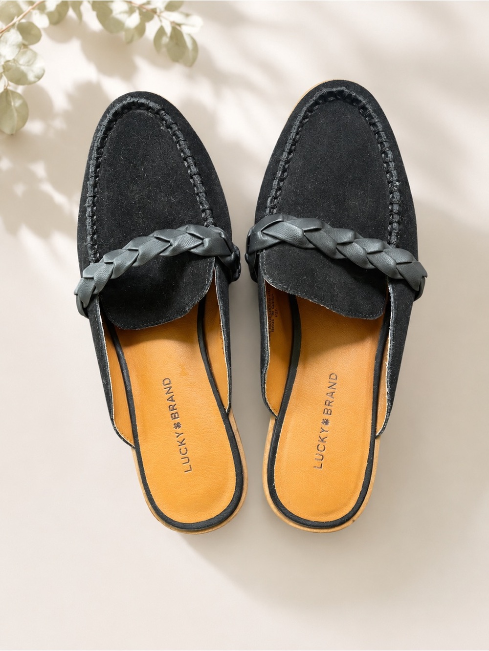 Lucky Brand Black Suede Braided Backless Mules with Tan Insole